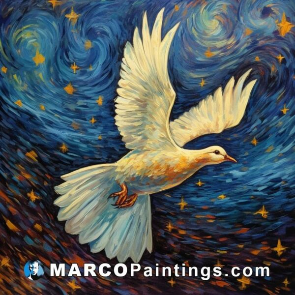 A painting of a white dove in a starless sky with blue stars