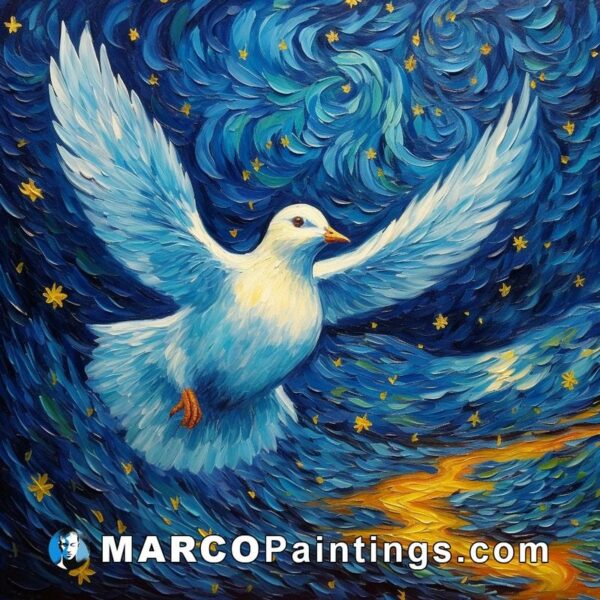 A painting of a white dove in the night sky