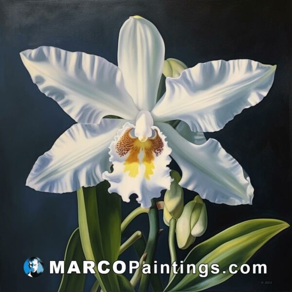 A painting of a white orchid on black