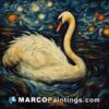A painting of a white swan in the night sky