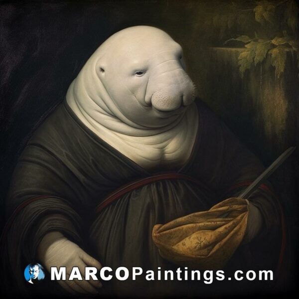 A painting of a white walrus with a bag of apples