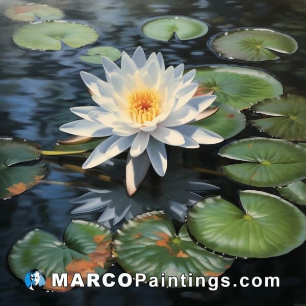 A painting of a white water lily floating in a pond