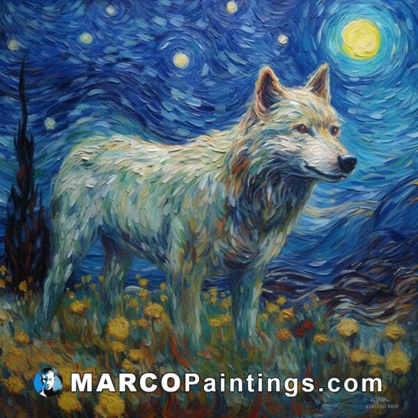 A painting of a white wolf in the night