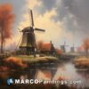 A painting of a windmill in the autumn