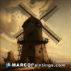 A painting of a windmill in twilight