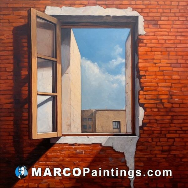A painting of a window out of a brick wall