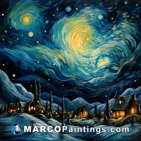 A painting of a winter time village with the starry sky