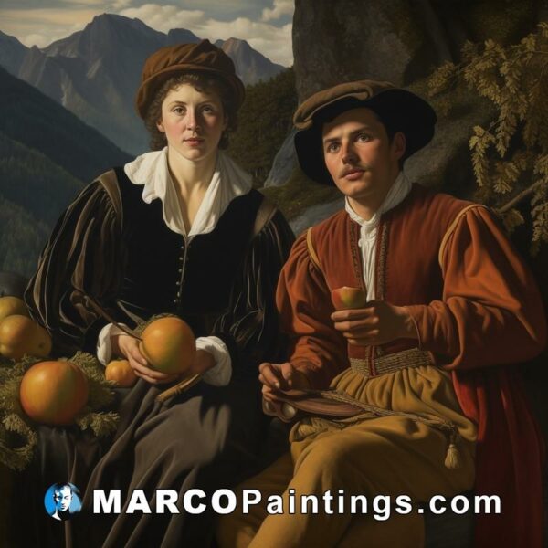 A painting of a woman and man holding fruit
