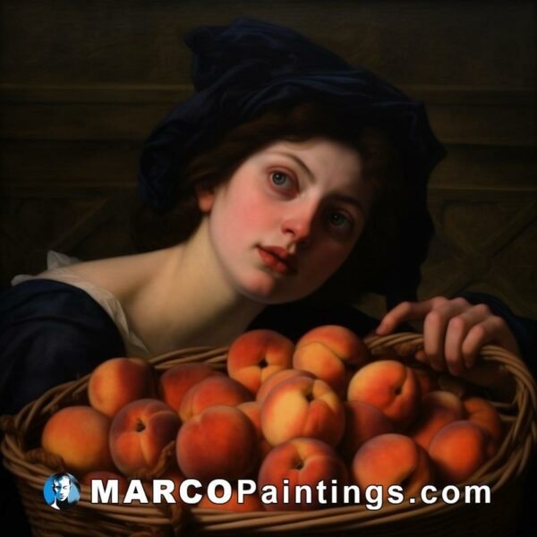 A painting of a woman holding a basket of peaches