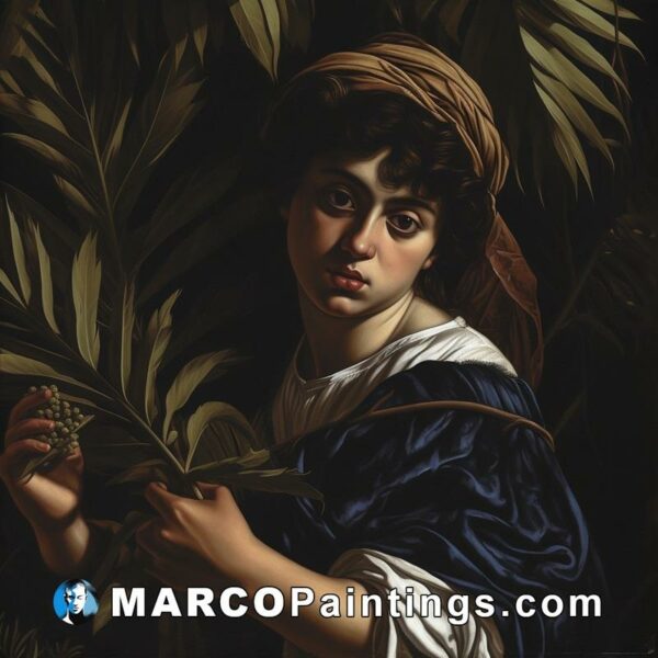 A painting of a woman holding a fern in her hand