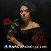 A painting of a woman holding a red rose
