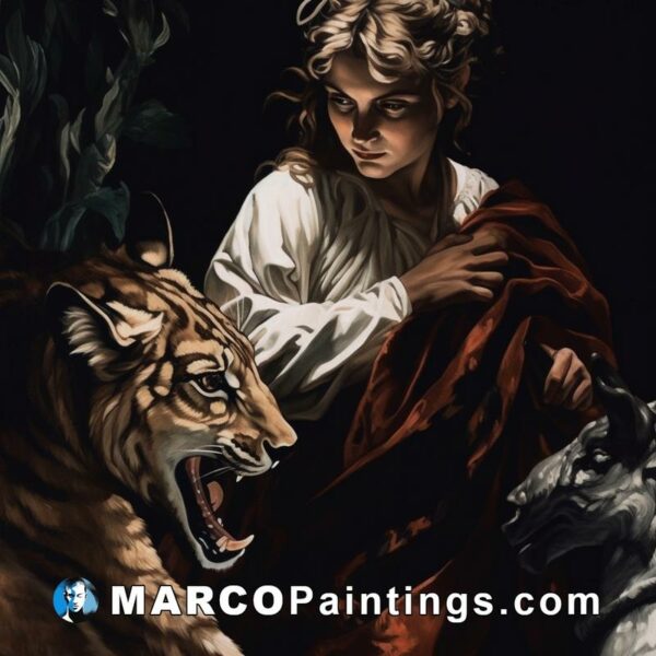 A painting of a woman holding a tiger next to a lion