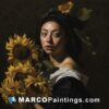 A painting of a woman holding sunflowers