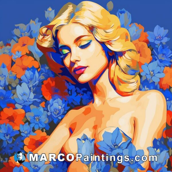 A painting of a woman in blue with flowers