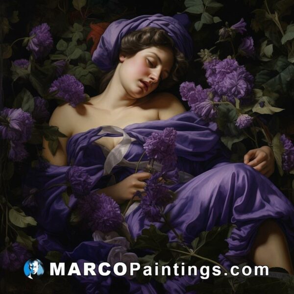 A painting of a woman laying on a purple blanket covered with purple flowers