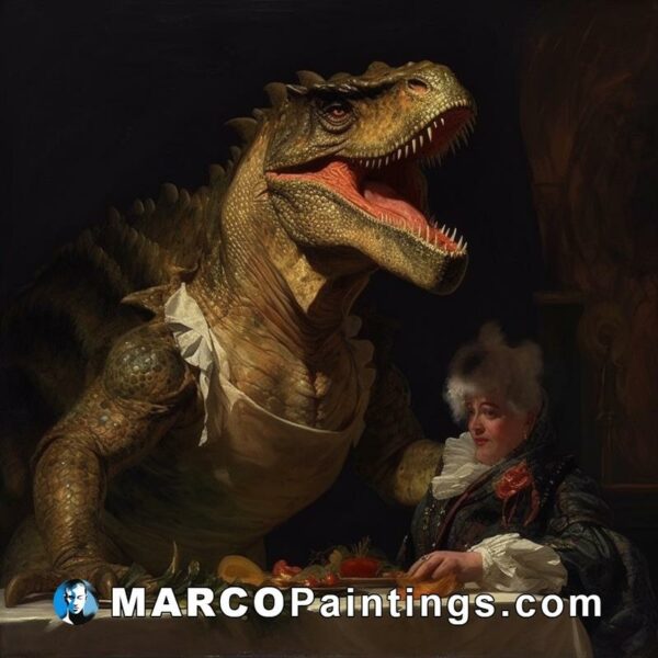 A painting of a woman near a dinosaur feeding it