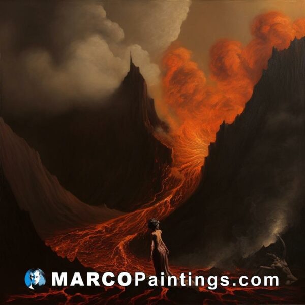 A painting of a woman standing on lava in an orange dress with red smoke