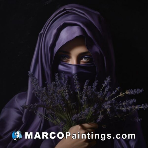 A painting of a woman with purple flowers and a veil