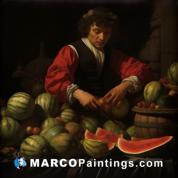 A painting of a worker making watermelon