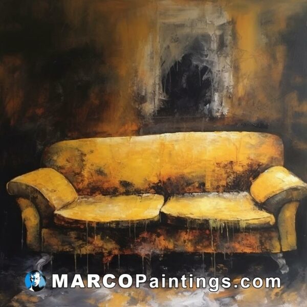 A painting of a yellow couch against a black background