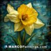 A painting of a yellow daffodil against blue background
