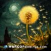 A painting of a yellow dandelom with the moon overhead