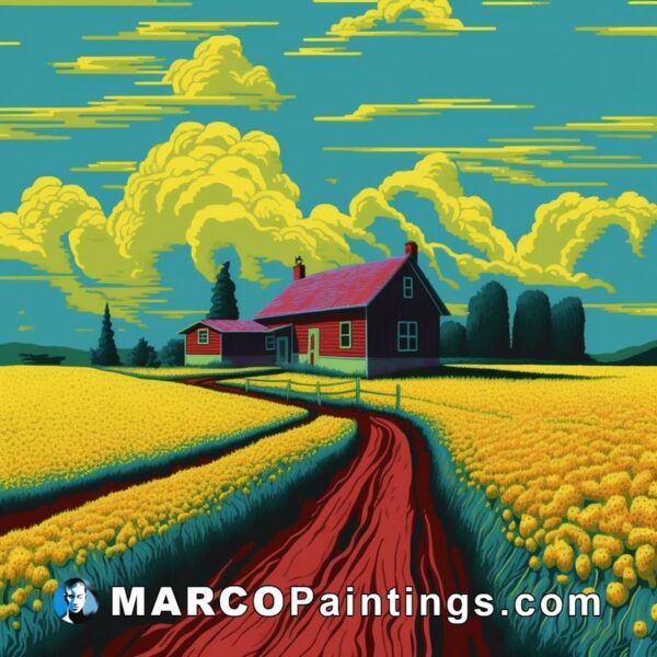 A painting of a yellow field with a red house