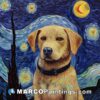 A painting of a yellow labrador standing on a starry night
