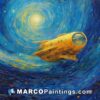 A painting of a yellow spaceship in a galaxy above space