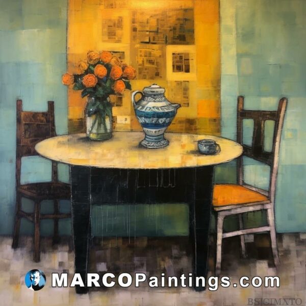 A painting of a yellow table with two chairs and vases for flowers