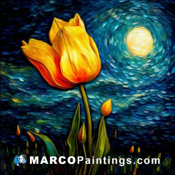 A painting of a yellow tulip under the moon