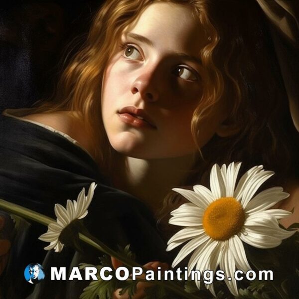 A painting of a young girl holding daisies