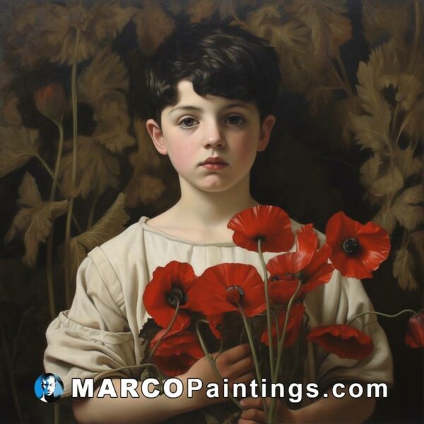 A painting of a young male with poppies