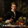 A painting of a young man at a table with fruit and grapes