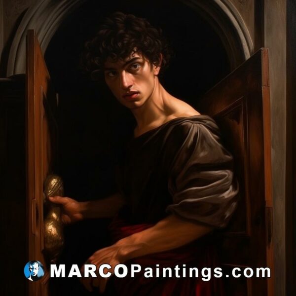 A painting of a young man on a swinging door