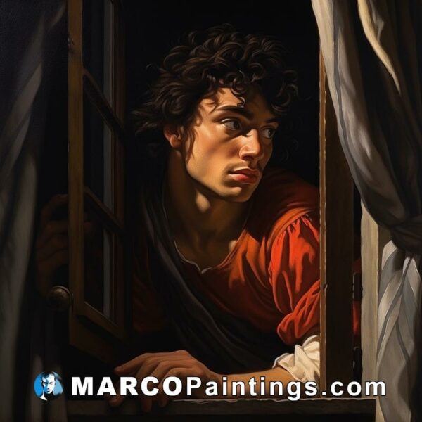A painting of a young man peering out of a window