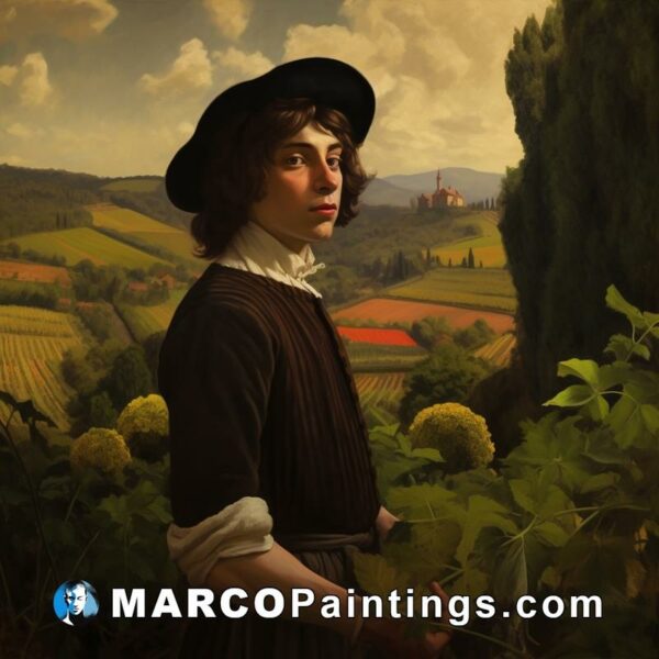 A painting of a young man standing next to vines