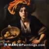 A painting of a young man with bowls of pears