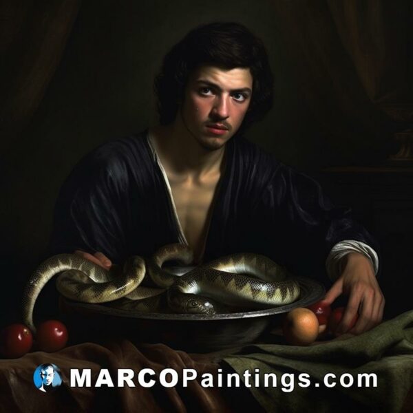 A painting of a young man with his hands and a bowl of snakes