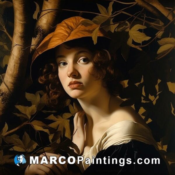 A painting of a young woman with an orange hat being surrounded by leaves