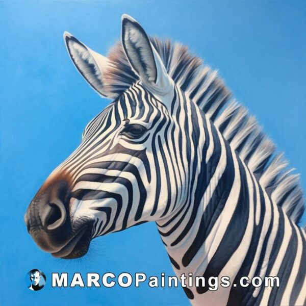 A painting of a zebra's head against a blue background