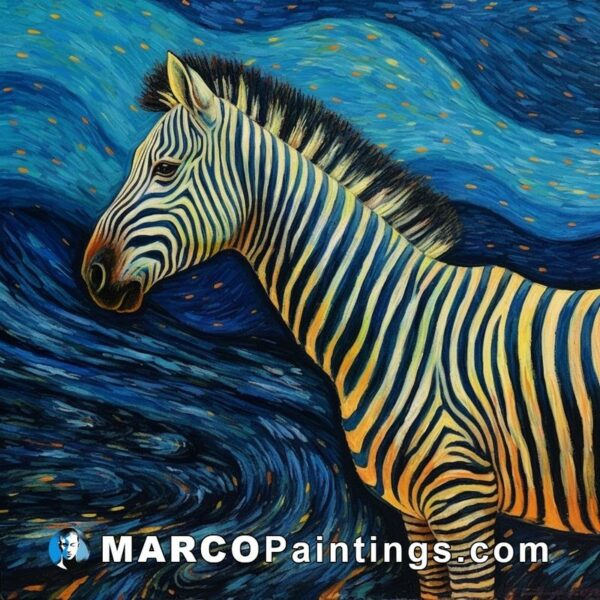 A painting of a zebra with red sky on the starry night