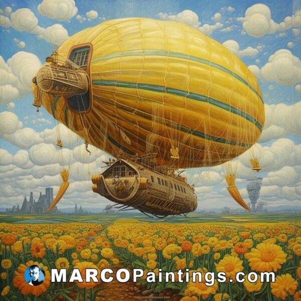 A painting of an air balloon with yellow flowers in the air
