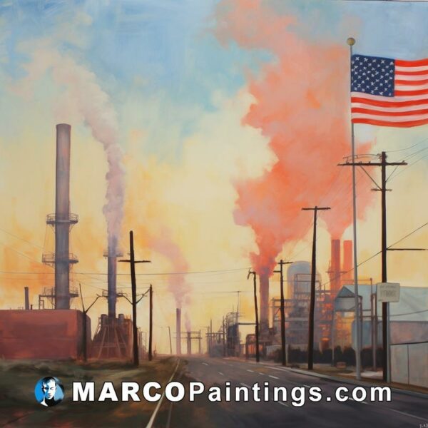 A painting of an american flag next to an industrial plant