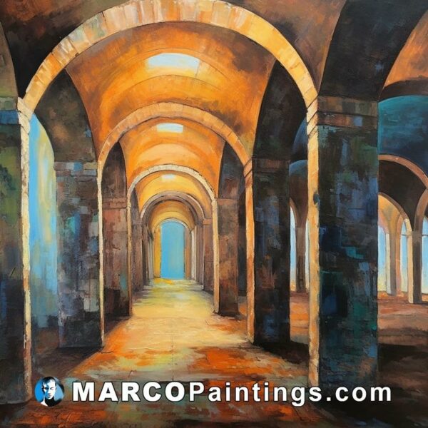 A painting of an arched hallway with colored paint