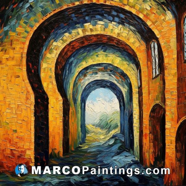 A painting of an arched way into an old building