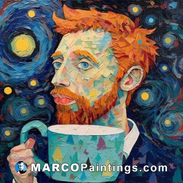 A painting of an artist drinking coffee with a starry sky background