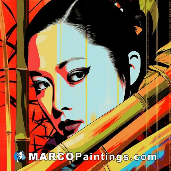 A painting of an asian looking woman is painted using bamboo