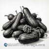 A painting of an assortment of cucumbers in black and white
