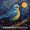 A painting of an blue bird sitting in the night